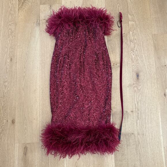 Nadine Merabi Strapless Dress Feather Trim Katie Size L Red - Picture 1 of 5